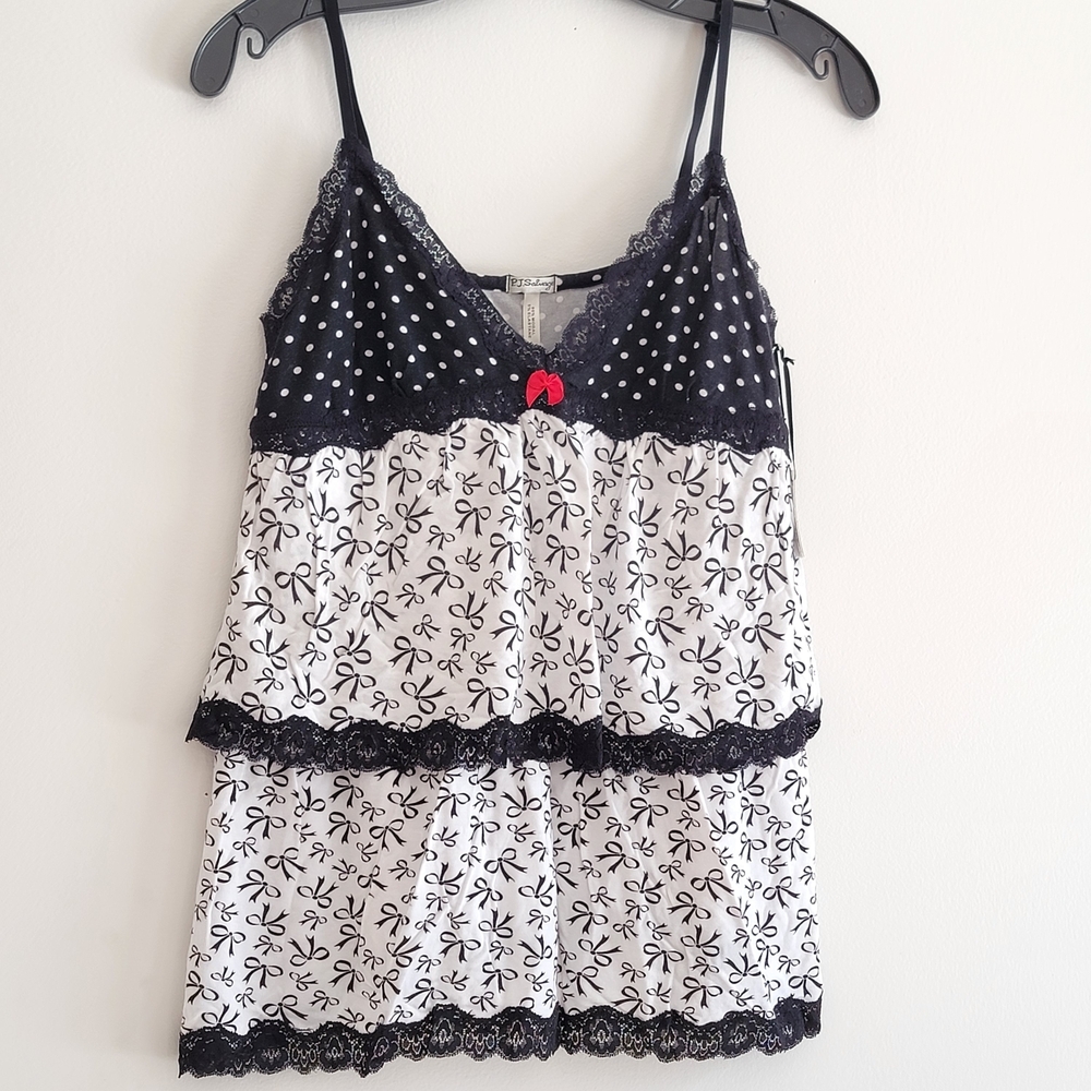 PJ Salvage Black & White Tiered Ruffle Lace Trim Camisole Top Cami Bows Medium